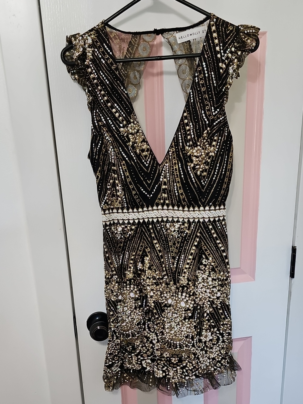 Hello Molly Black & Gold Beaded V-Neck Dress Size Large- STUNNING!